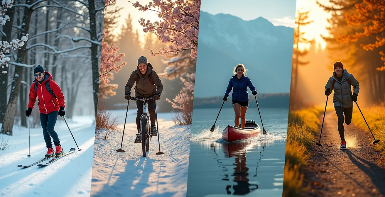 Collage visuel des quatre saisons sportives canadiennes avec personnes pratiquant différentes activités