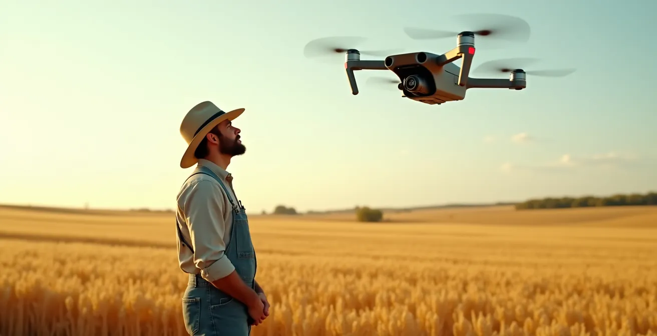 Drone agricole survolant des champs de blé dorés avec capteurs technologiques visibles