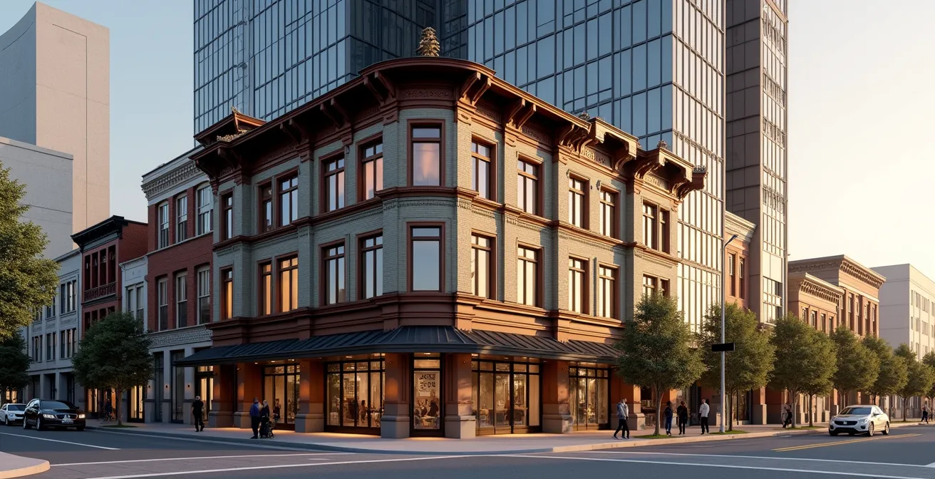 Fusion architecturale montrant différents styles culturels dans un quartier canadien