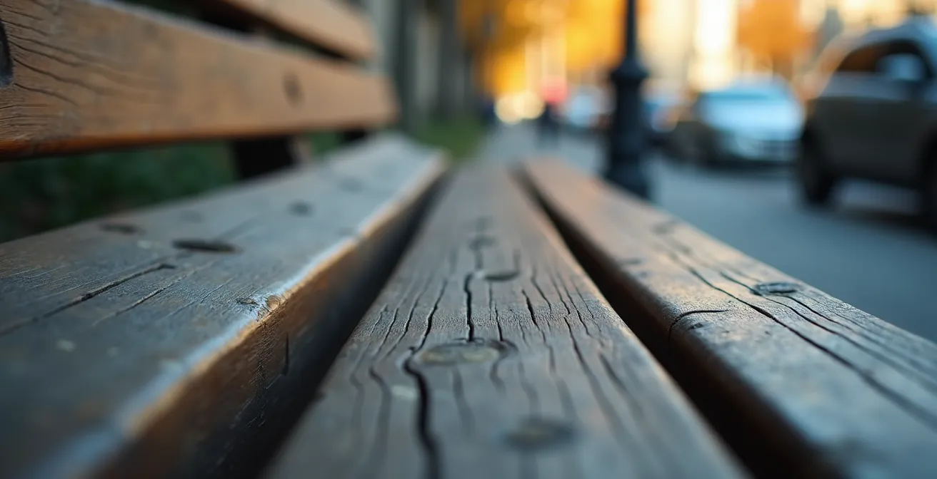 Détail macro d'un banc public en bois avec texture naturelle visible et arrière-plan urbain flou