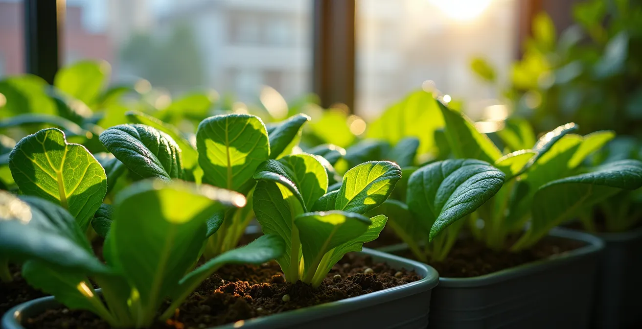 Gros plan macro sur des feuilles tropicales et des légumes verts sur un balcon urbain avec gouttes de rosée