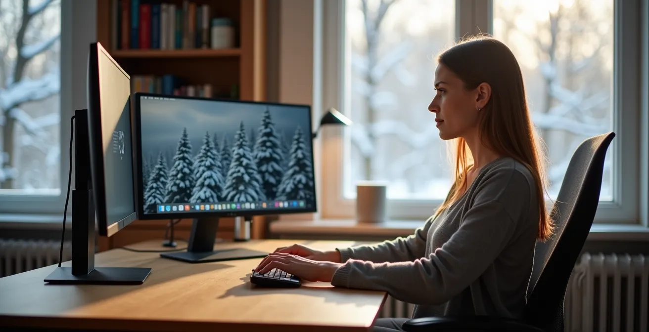 Bureau à domicile ergonomique avec chaise ajustable et éclairage naturel optimal