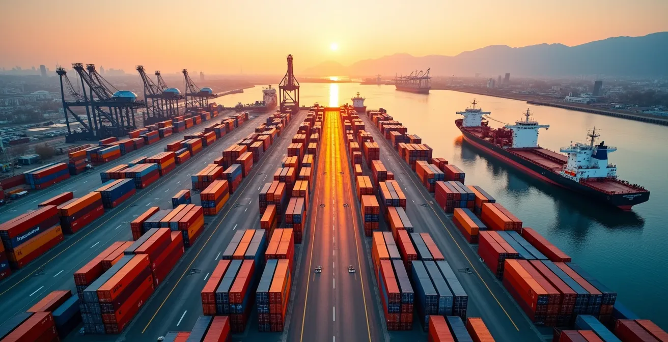 Vue aérienne d'un port canadien avec conteneurs colorés et navires cargo au coucher du soleil