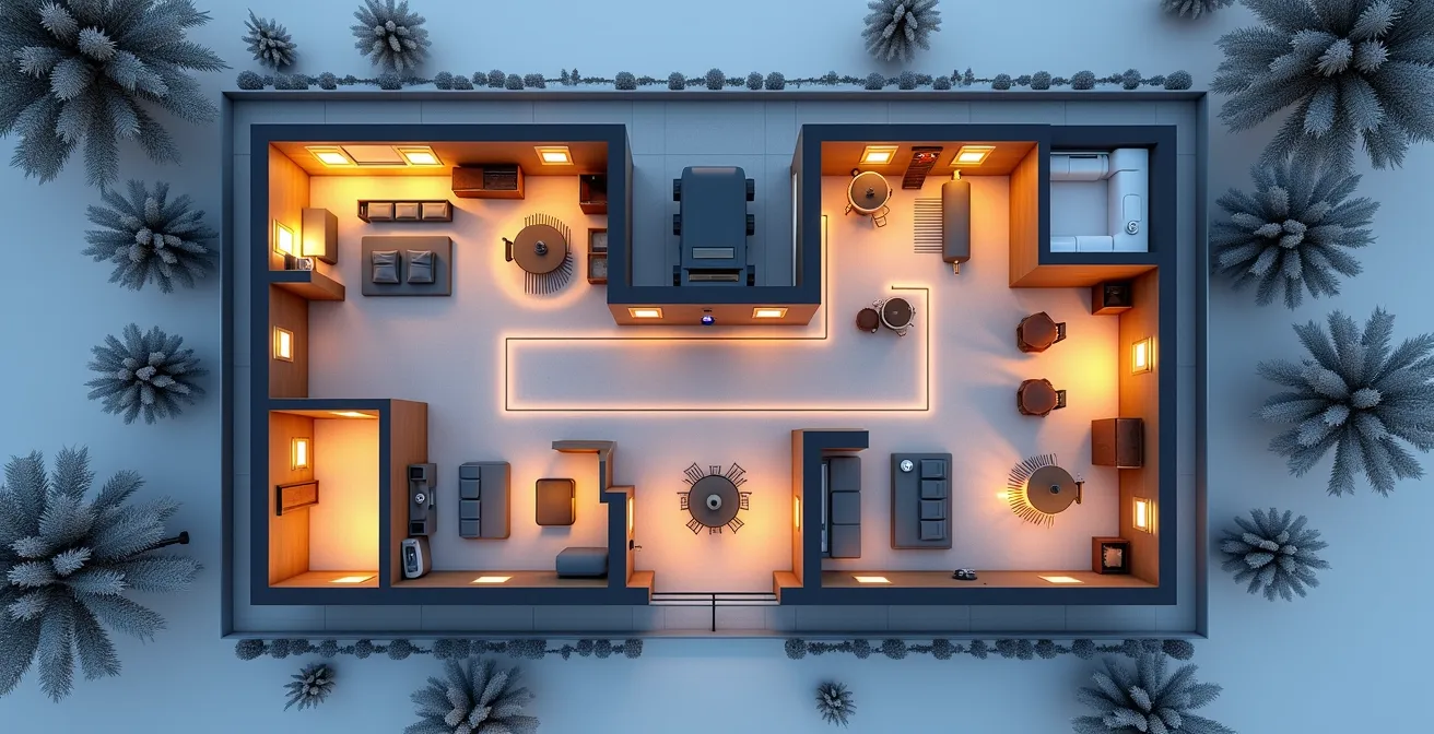 Vue aérienne d'un plan d'étage montrant la circulation optimisée entre les espaces