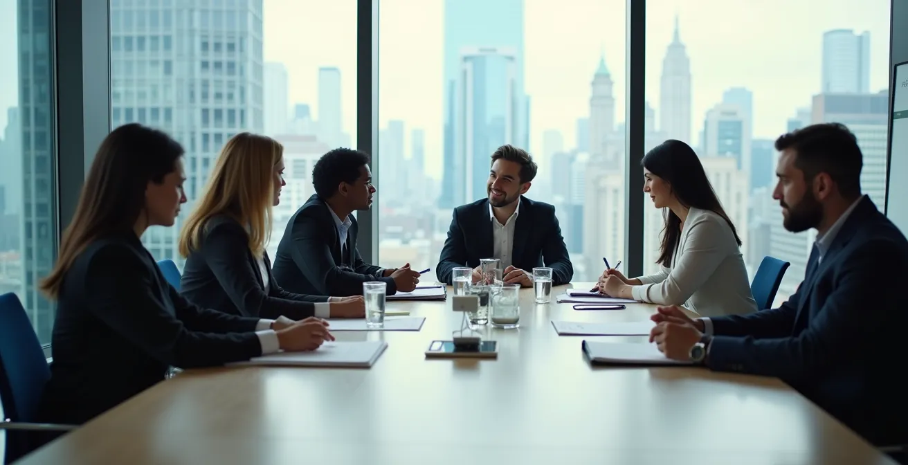 Scène de bureau montrant des collègues de diverses origines en réunion avec différents langages corporels