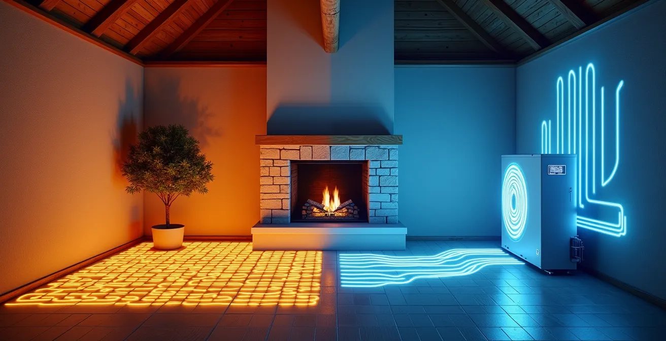 Coupe transversale d'une maison montrant différents systèmes de chauffage écologique installés