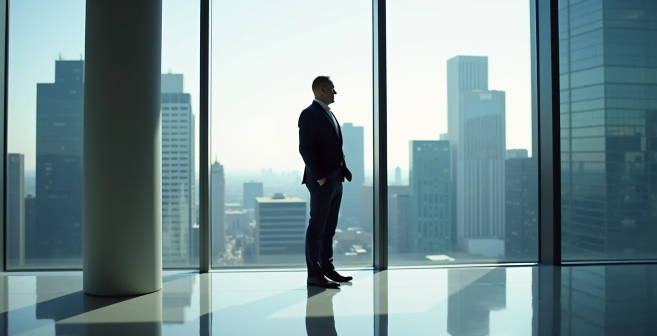 Personne en tenue professionnelle dans un environnement de bureau moderne avec vue sur la ville
