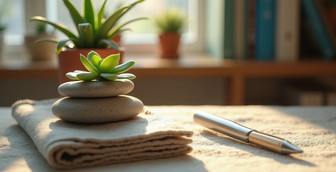 Espace thérapeutique chaleureux avec plantes et lumière naturelle