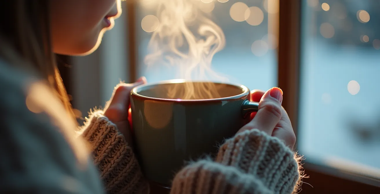 Personne contemplant paisiblement une tempête de neige depuis l'intérieur avec une tasse de thé