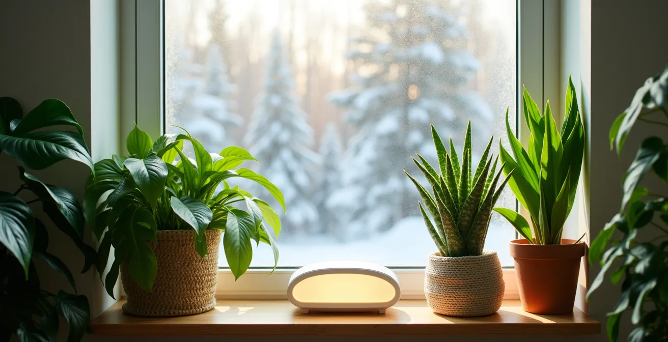 Coin lumineux avec plantes vertes luxuriantes près d'une fenêtre givrée en hiver