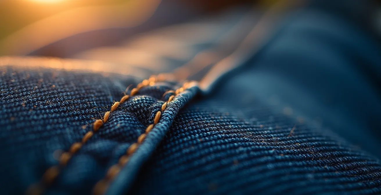 Vue macro des détails d'un jean de qualité montrant la texture du denim et les coutures