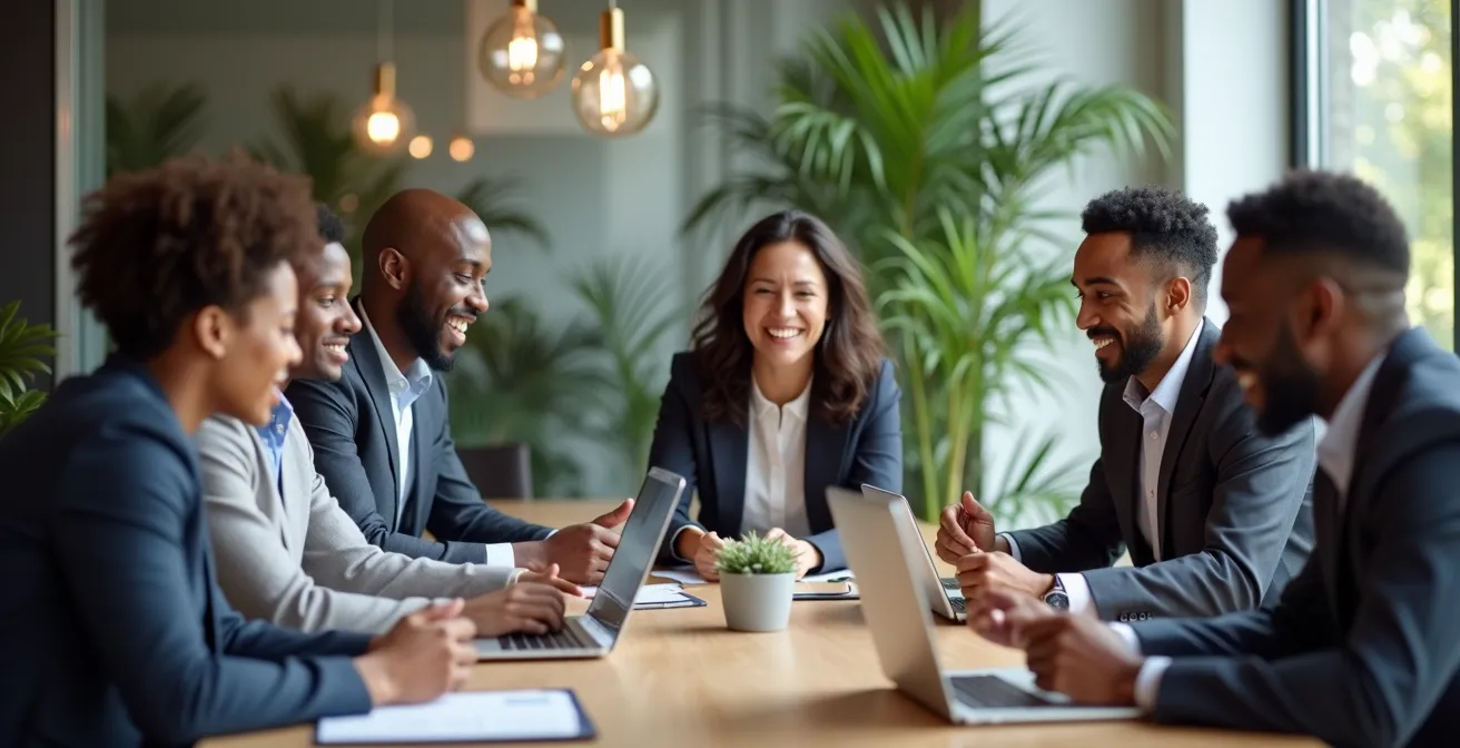 Portrait d'une réunion d'affaires où des professionnels de diverses origines collaborent autour d'une table