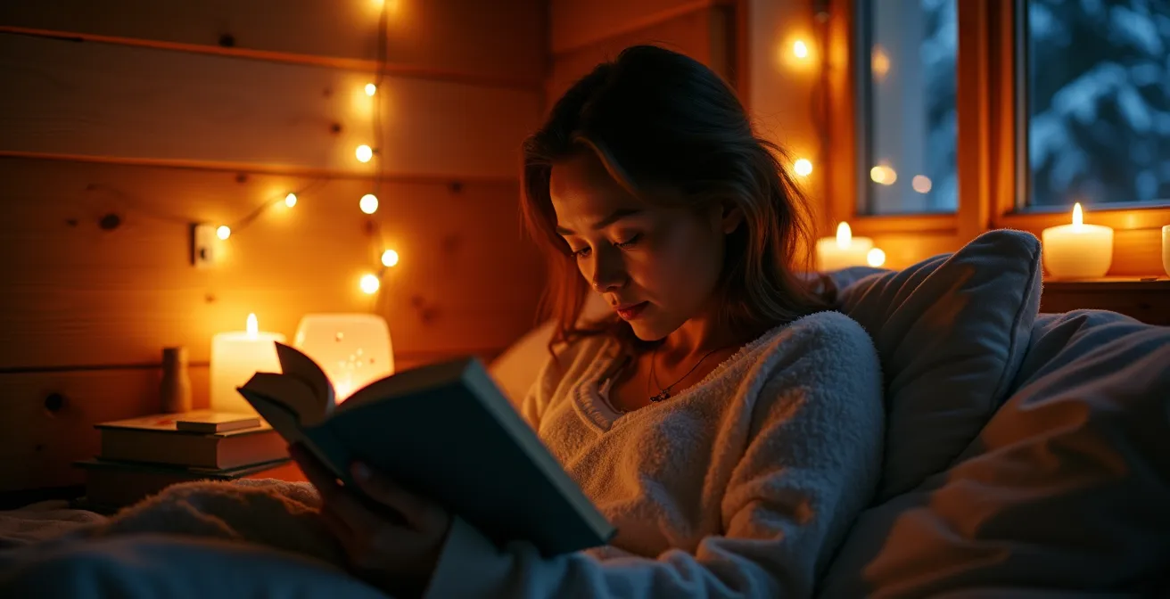 Éclairage d'ambiance chaleureux avec plusieurs sources lumineuses dans un intérieur de style chalet canadien.