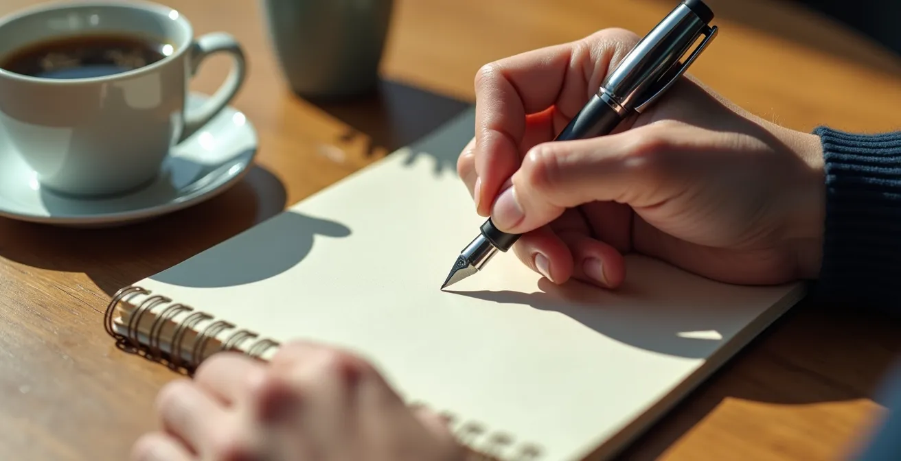 Main tenant un stylo au-dessus d'un carnet dans un espace d'écriture lumineux avec café et plantes