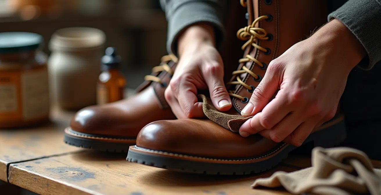 Gros plan sur des mains entretenant des bottes en cuir avec des produits d'entretien naturels