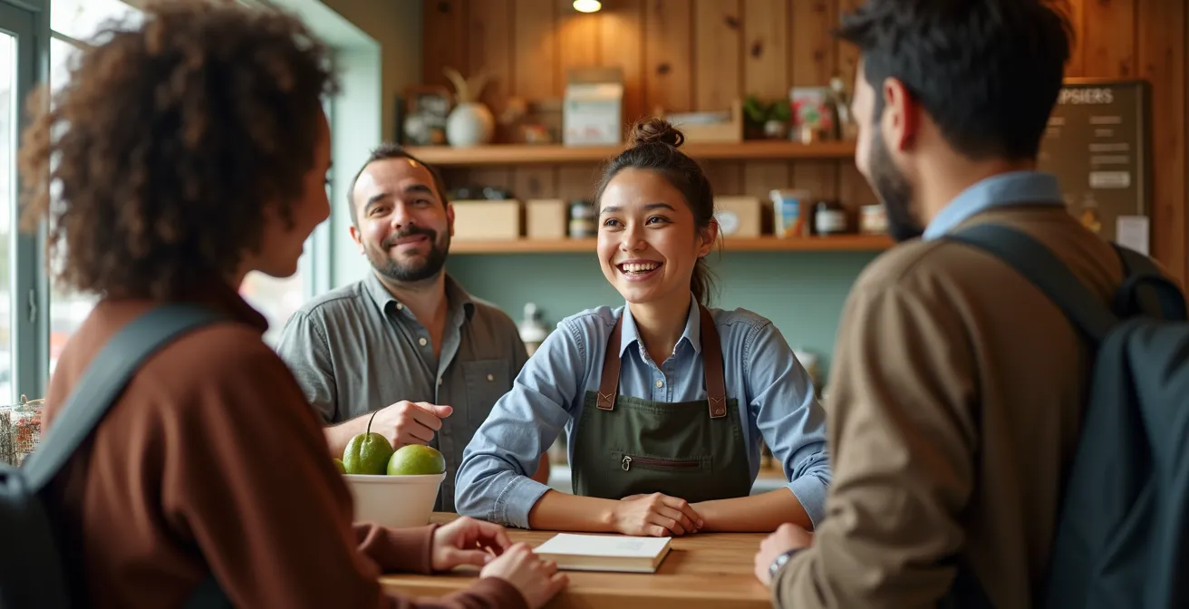 Intérieur chaleureux d'une épicerie de quartier avec comptoir large et espace communautaire