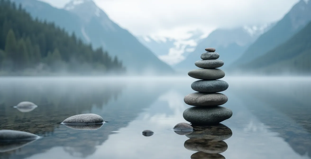 Composition symbolique représentant l'équilibre mental avec des éléments naturels canadiens