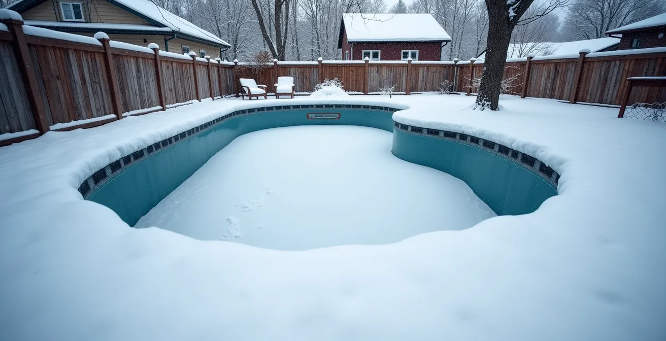Piscine creusée couverte de neige dans une cour arrière canadienne en hiver