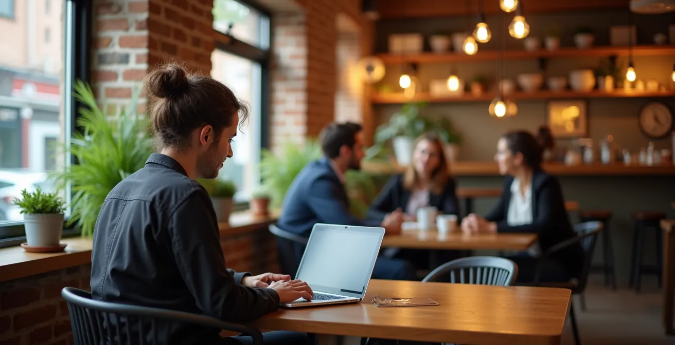Intérieur chaleureux d'un café-espace de coworking avec personnes travaillant en arrière-plan flou