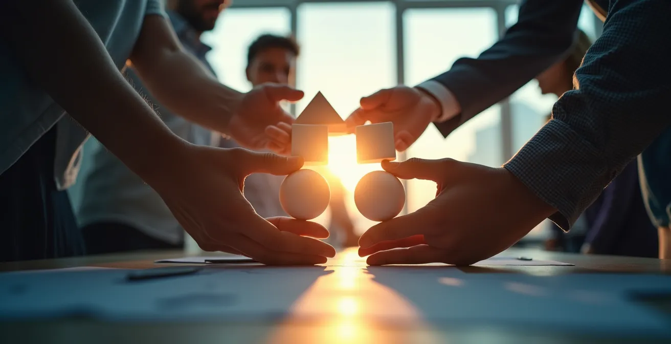 Espace de travail minimaliste d'une PME avec outils numériques intégrés harmonieusement