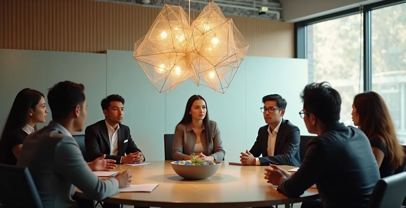 Groupe diversifié de professionnels canadiens en discussion autour d'une projection abstraite représentant les enjeux éthiques de l'IA