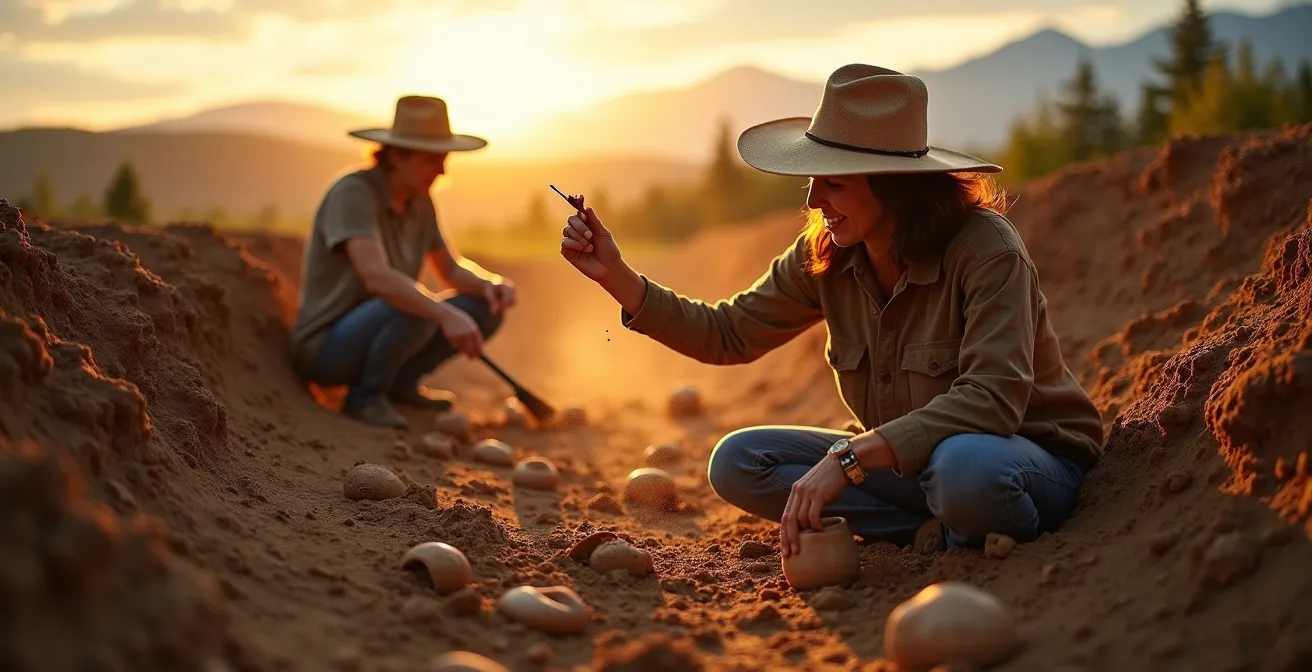 Archéologues travaillant sur un site de fouilles avec des outils modernes dans un paysage canadien