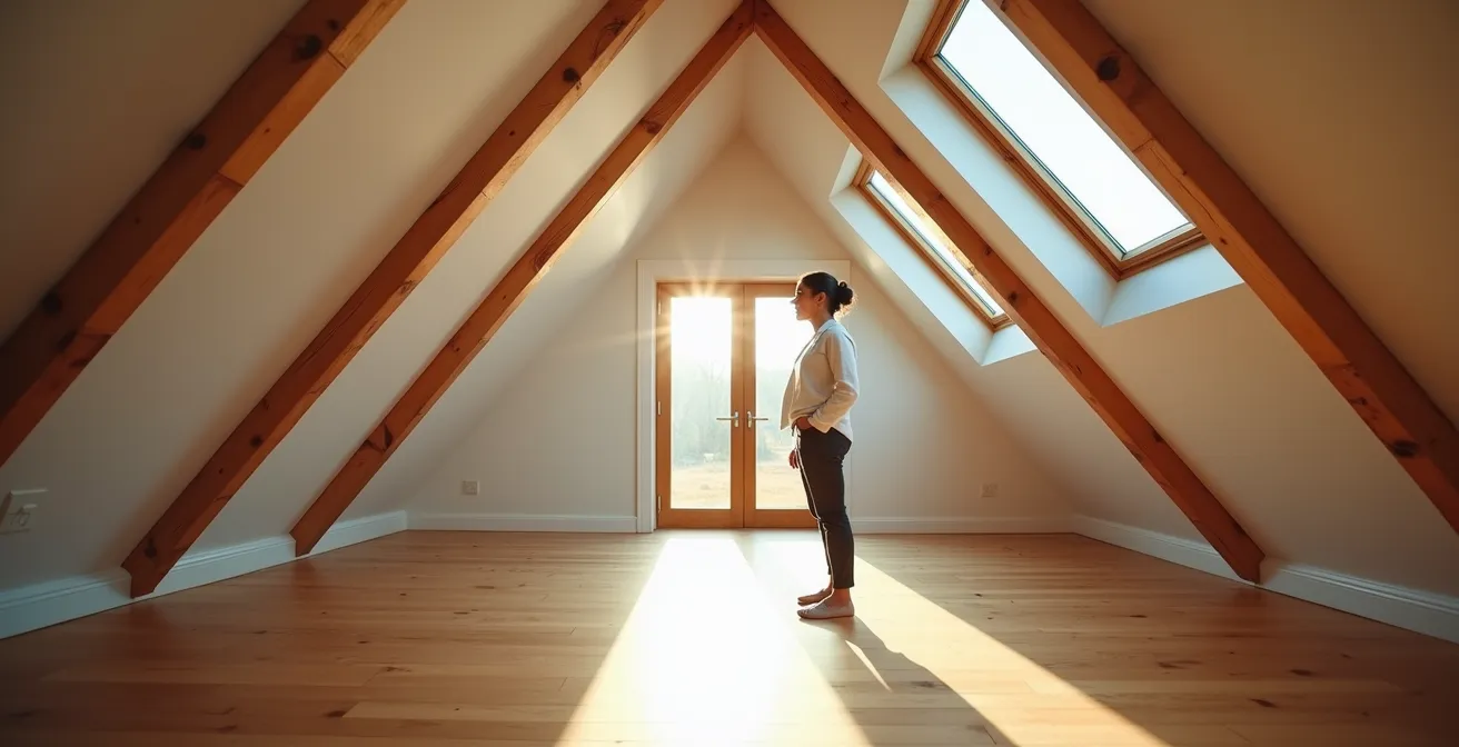 Grenier rénové avec poutres apparentes et fenêtres de toit baignant l'espace de lumière naturelle