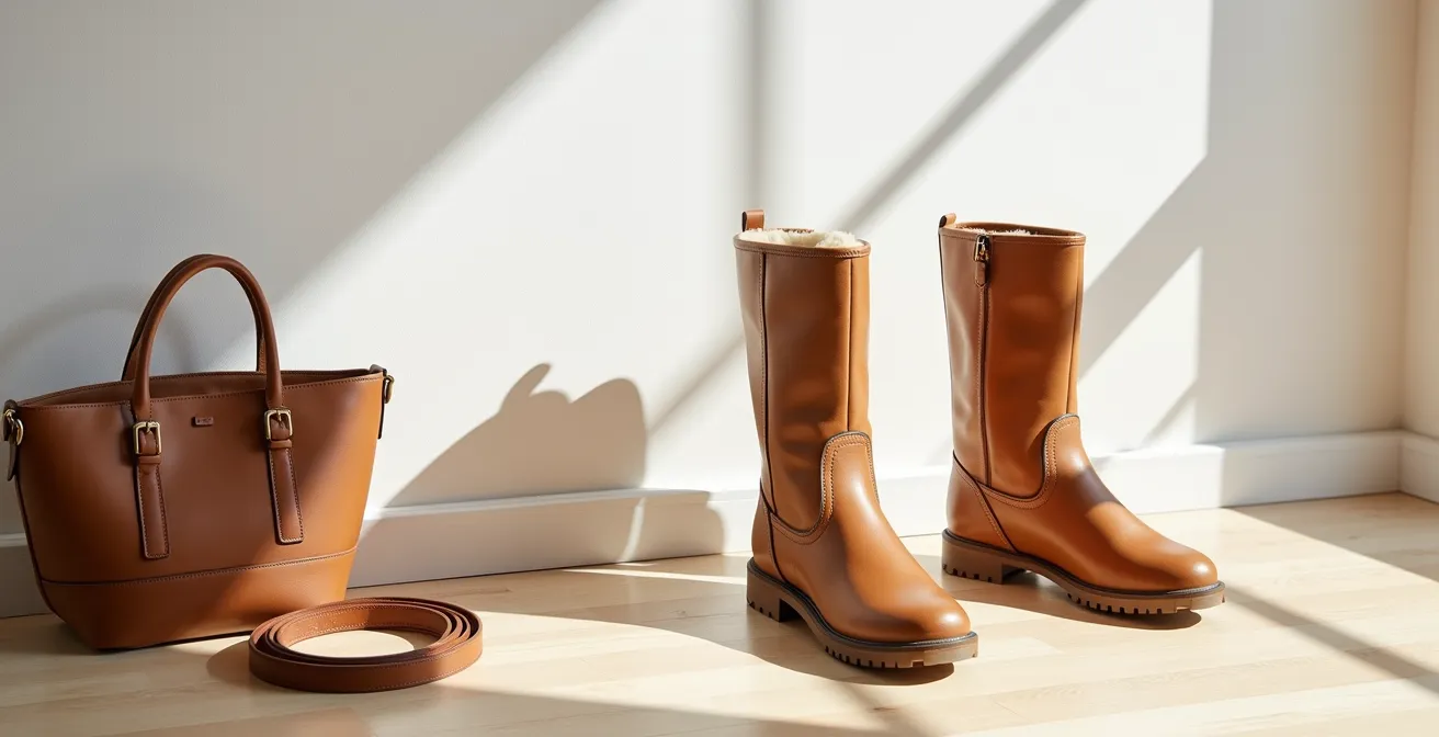 Composition minimaliste montrant l'harmonie entre chaussures, ceinture et accessoires métalliques