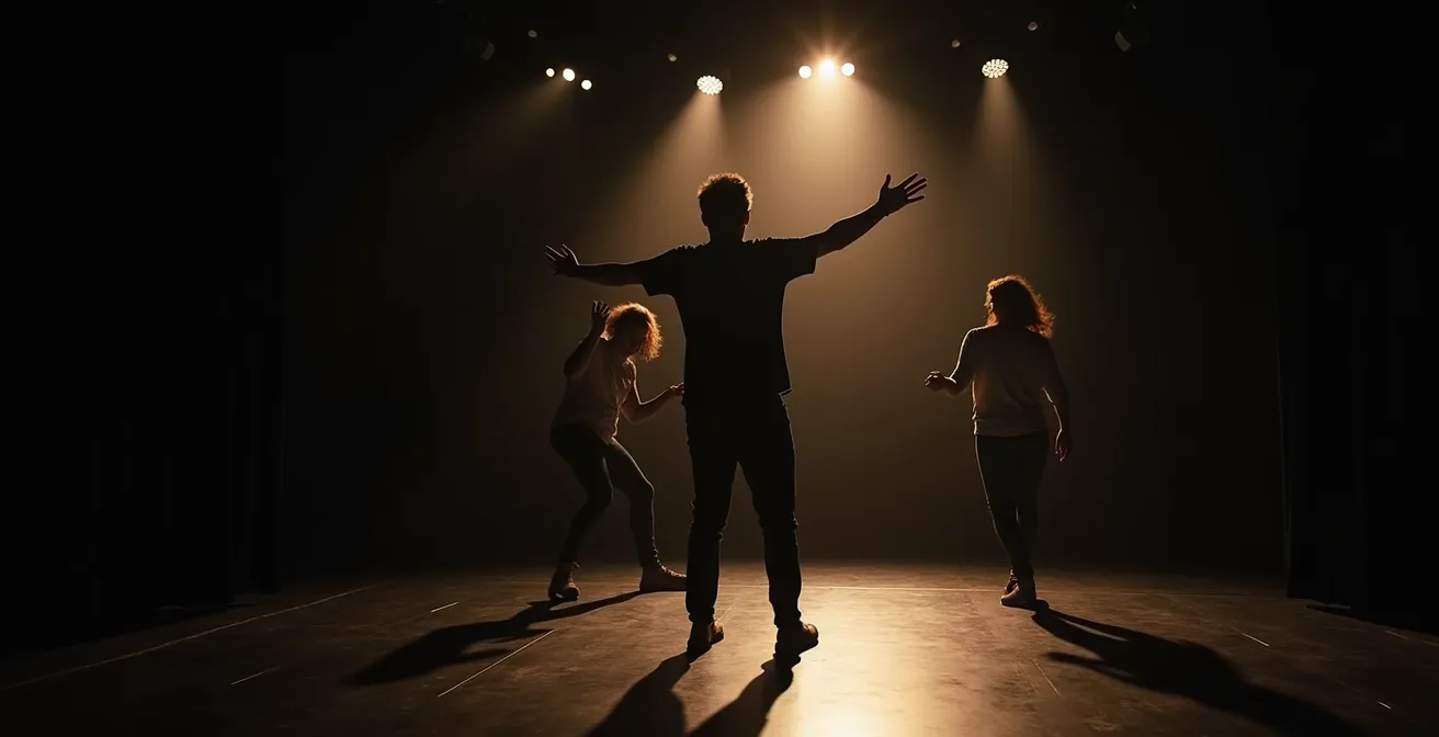 Comédiens en pleine improvisation sur scène avec éclairage théâtral dramatique