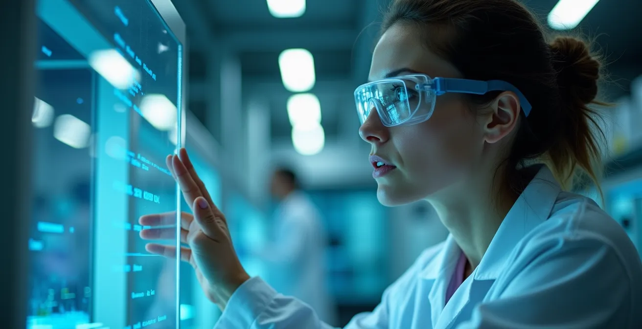 Scientifique observant une réaction lumineuse dans un laboratoire moderne