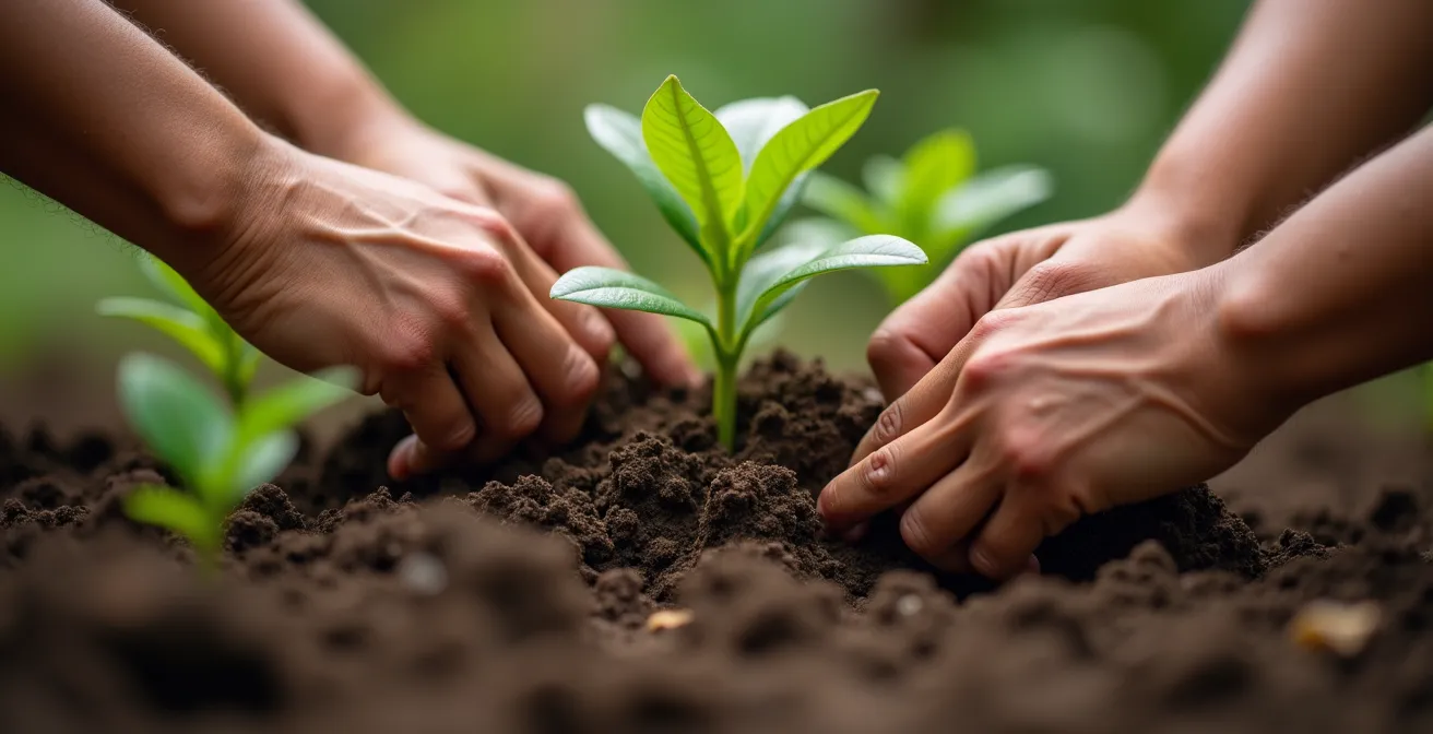 Gros plan sur des mains de différentes origines travaillant ensemble dans un jardin urbain partagé