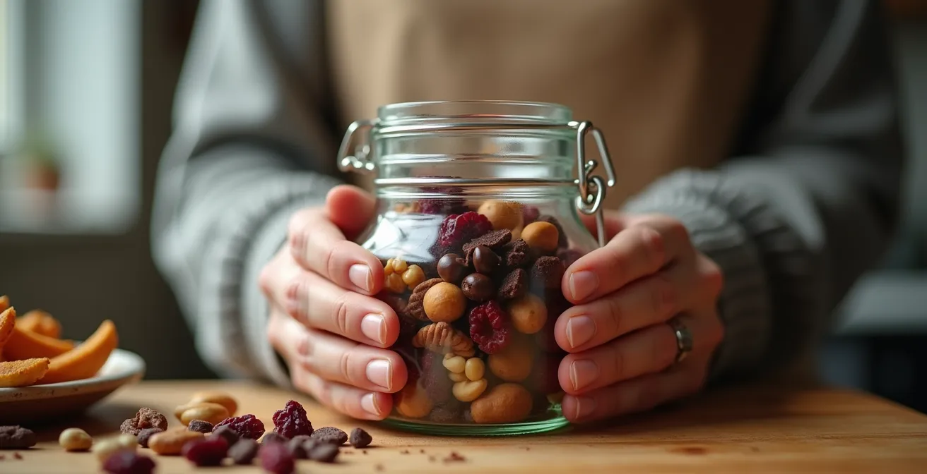 Plan rapproché de mains tenant un bocal avec des collations santé canadiennes, noix mélangées et fruits séchés locaux