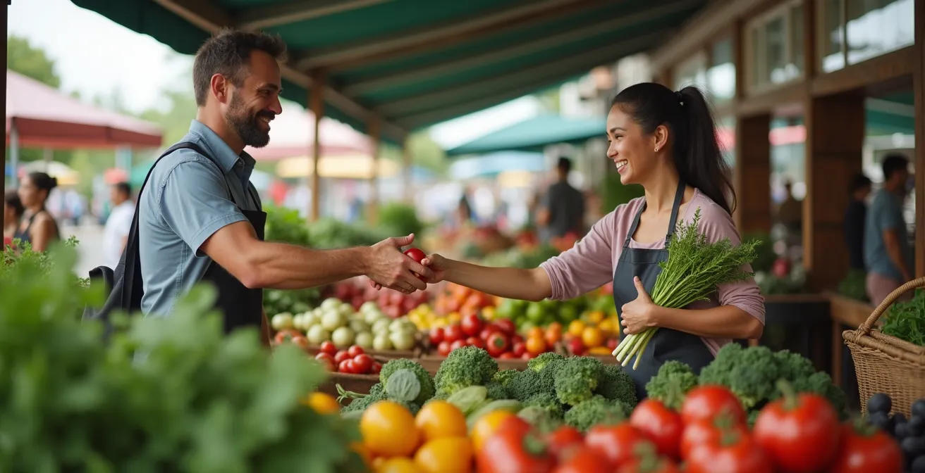 Scène vivante d'un marché de producteurs avec étals de légumes colorés et interaction entre vendeur et cliente