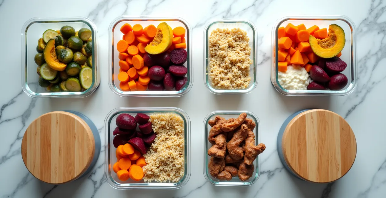 Vue en plongée de contenants de meal prep alignés avec légumes racines colorés, grains entiers et protéines préparés