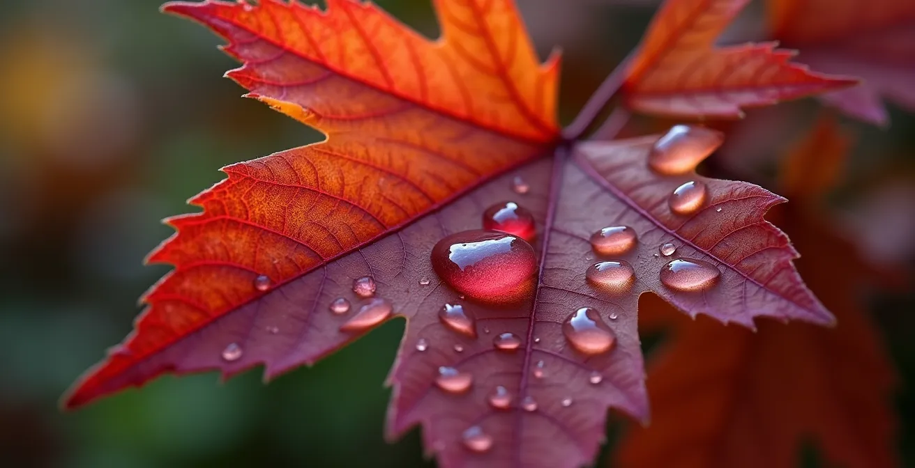 Détail macro d'une feuille d'érable avec rosée matinale symbolisant l'attention au moment présent