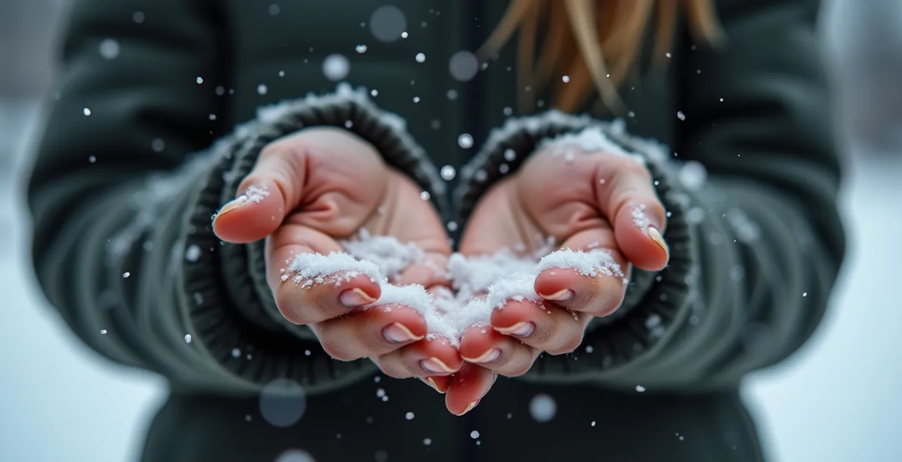 Gros plan sur des mains en méditation avec des flocons de neige tombant doucement autour, créant une atmosphère de calme dans la tempête