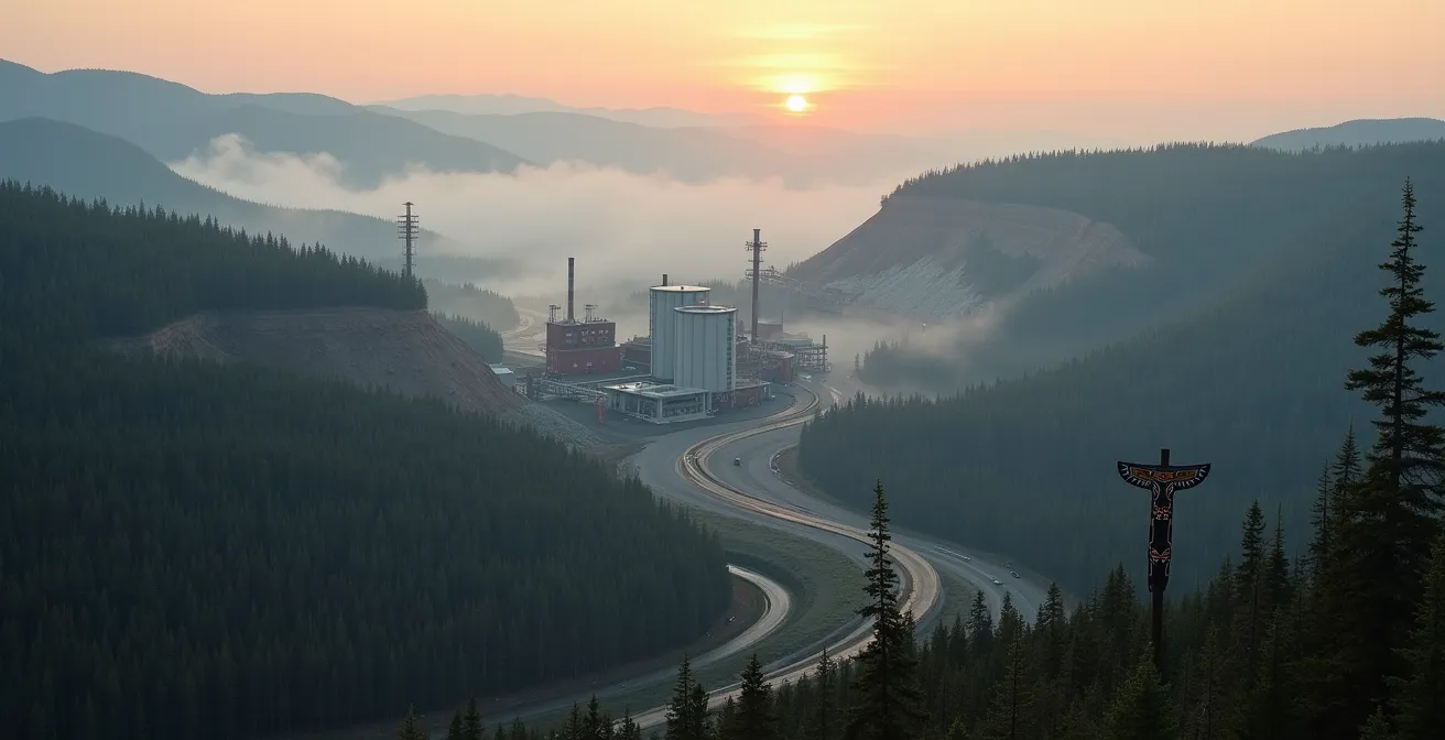 Installation minière moderne intégrée dans un paysage naturel avec représentation symbolique du partenariat avec les Premières Nations