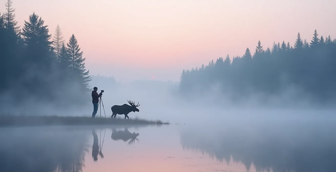 Photographe observant un orignal à distance respectueuse dans la forêt boréale