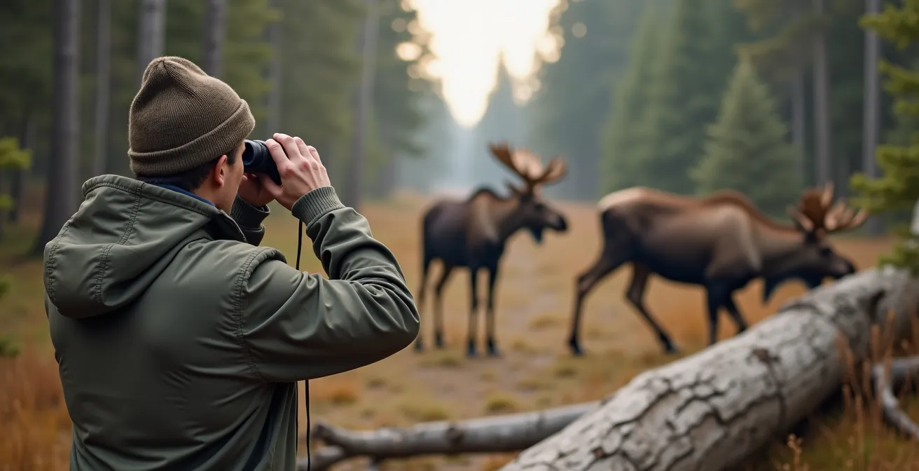 Observateur avec jumelles maintenant une distance respectueuse d'un orignal dans la forêt boréale