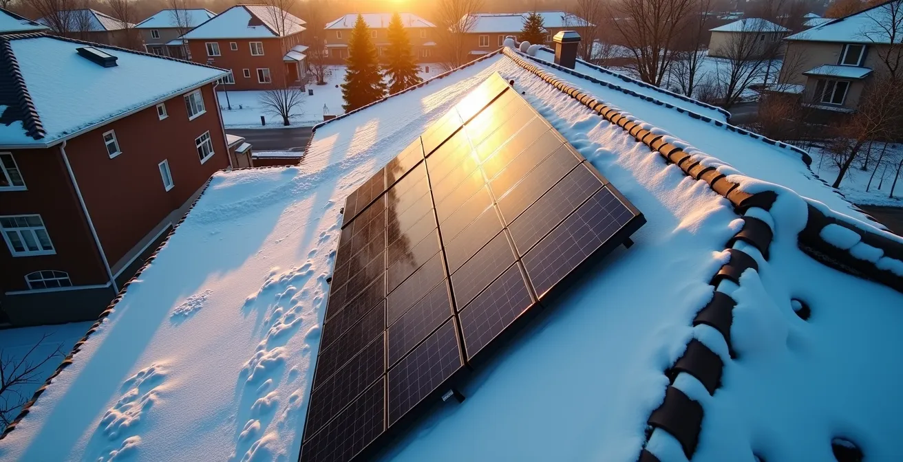 Vue en angle d'un toit résidentiel avec panneaux solaires sous un ciel d'hiver lumineux