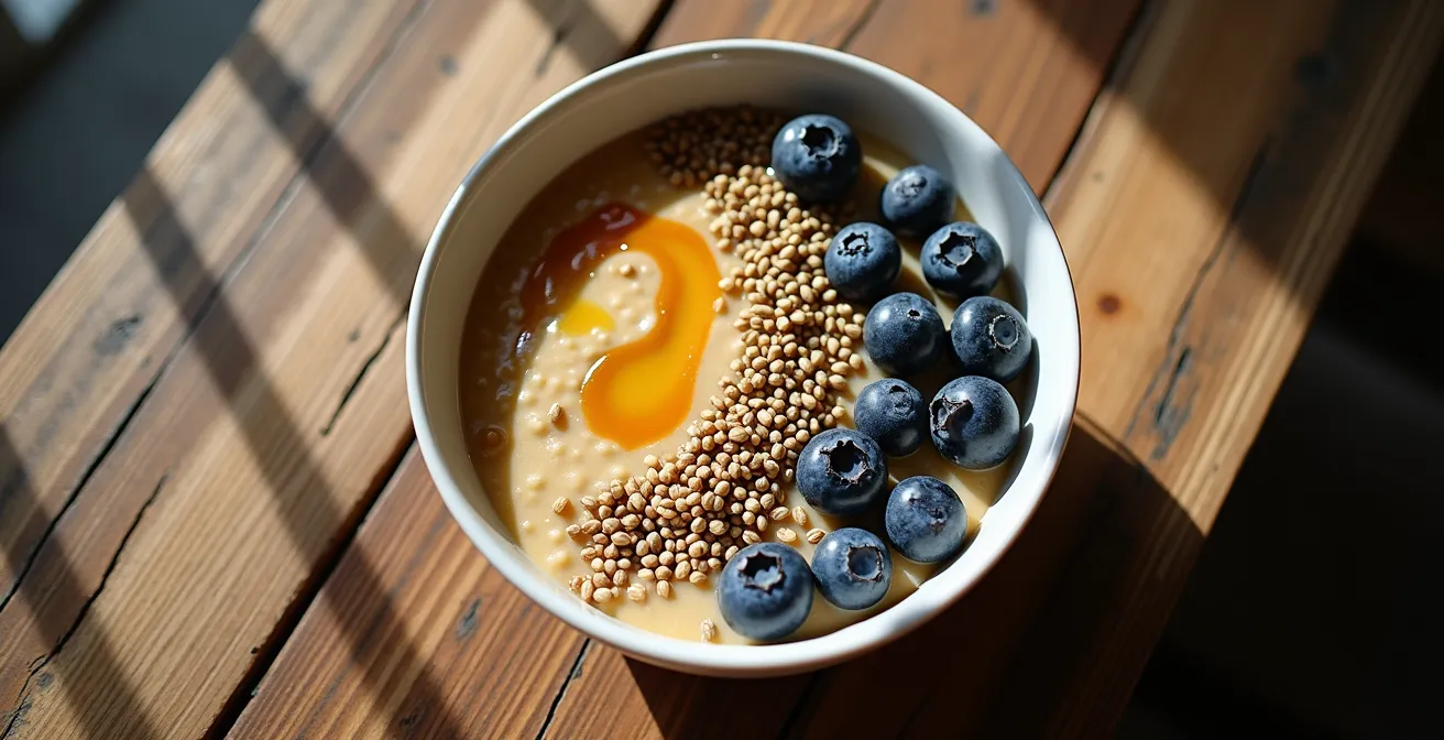 Bol de gruau protéiné garni de graines de chanvre, bleuets et filet de sirop d'érable sur table ensoleillée