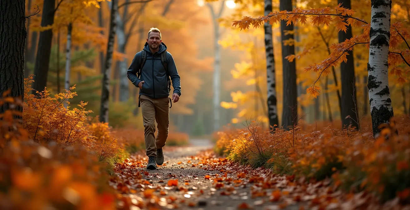 Personne marchant sur un sentier forestier canadien en automne symbolisant la progression par petits pas