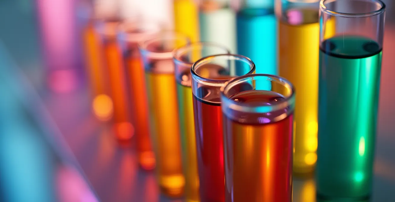 Gros plan sur des échantillons de test génétique avec reflets colorés représentant la diversité génétique