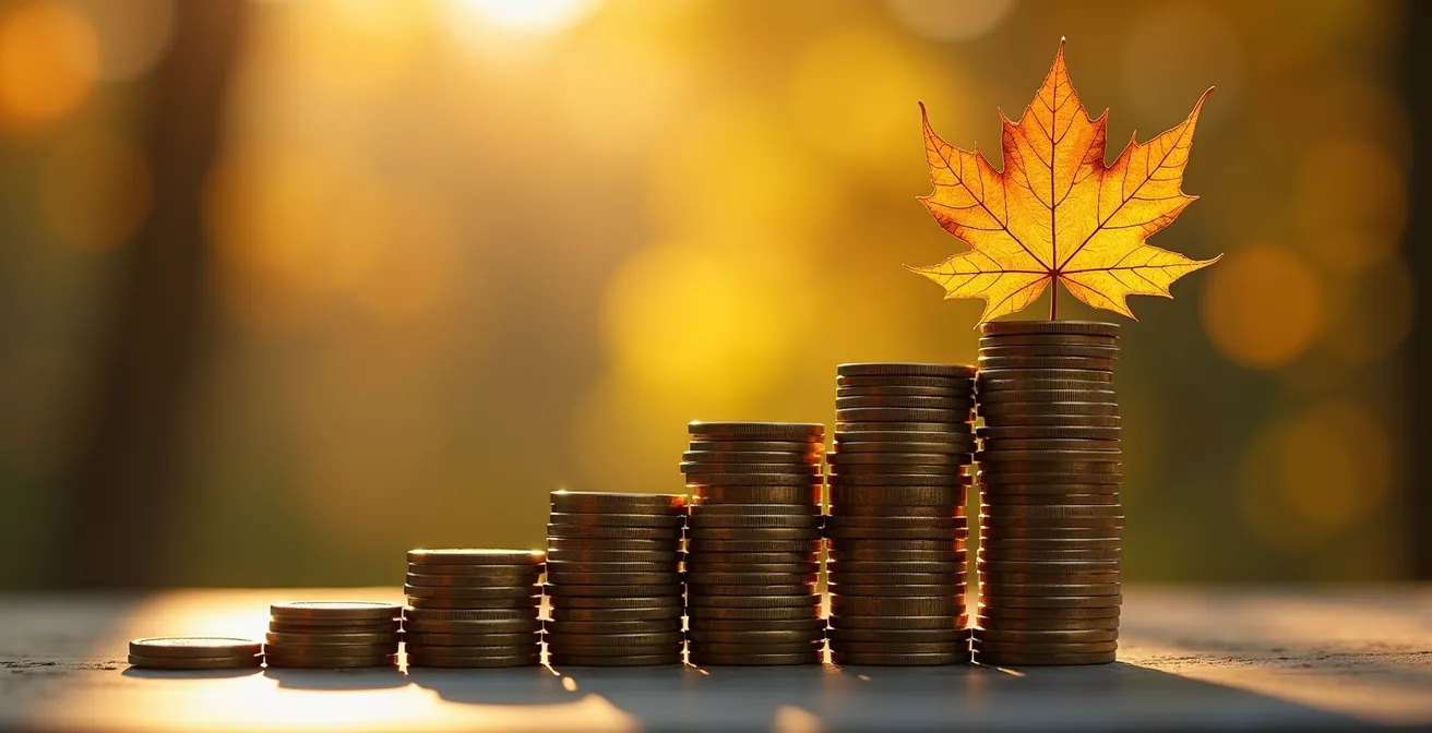 Composition artistique montrant des pièces de monnaie canadiennes empilées en colonnes croissantes avec une feuille d'érable en arrière-plan