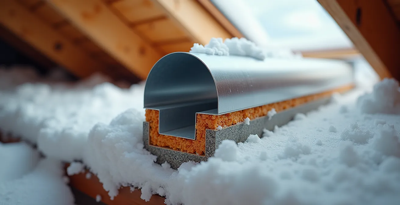 Vue détaillée d'un conduit de lumière tubulaire installé dans un toit enneigé canadien