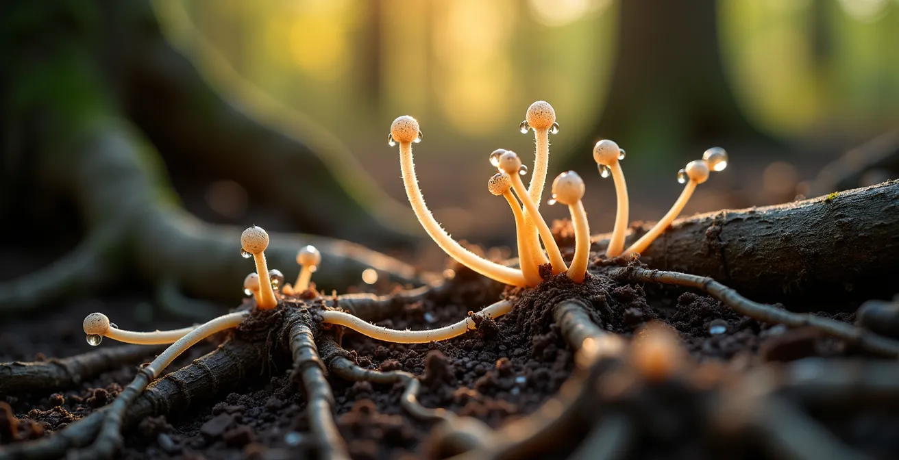 Vue macro de filaments mycorhiziens connectant les racines d'arbres dans le sol forestier