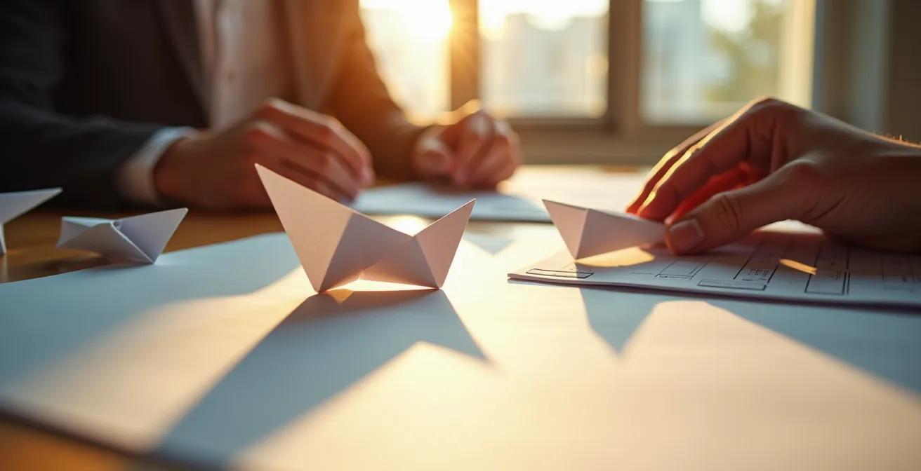 Entrepreneur contemplant des documents de stratégie avec détermination