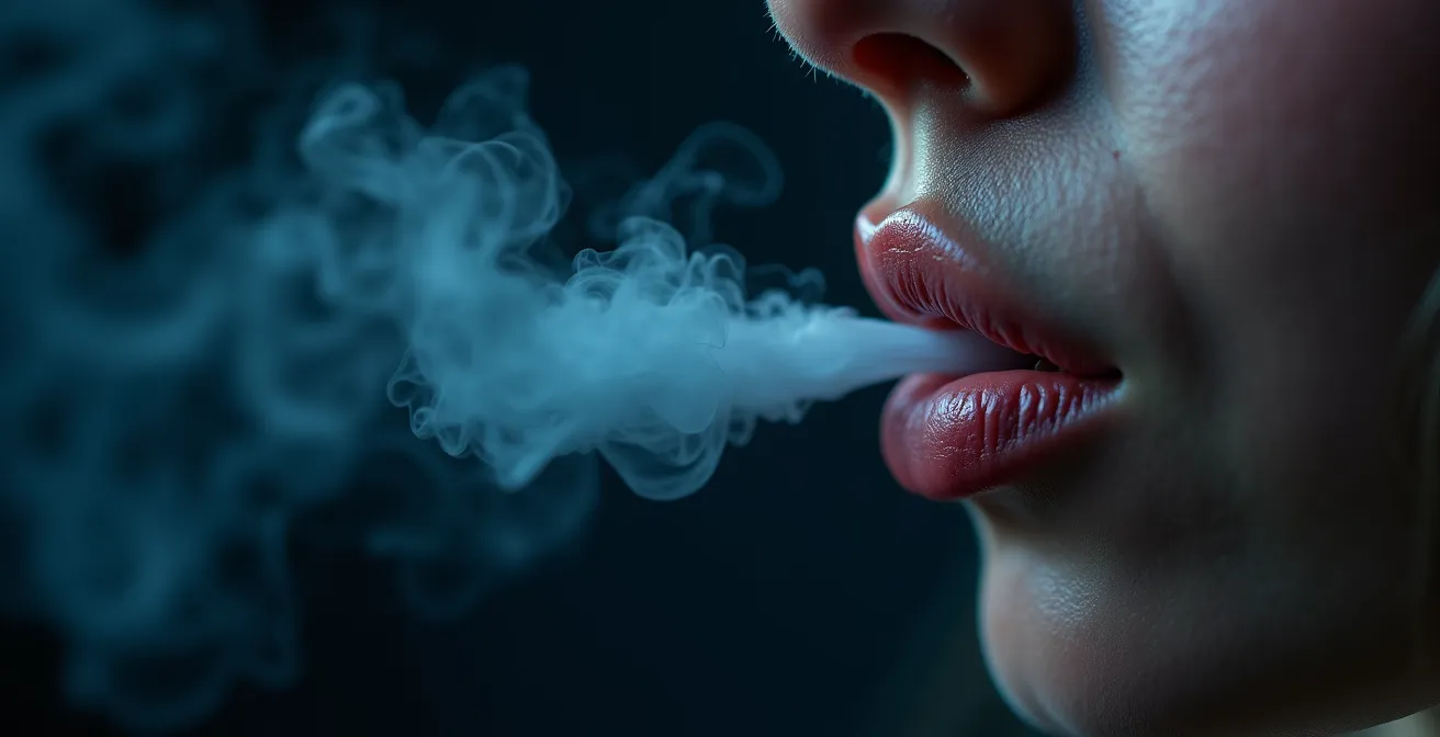 Gros plan macro sur des lèvres entrouvertes avec vapeur de respiration visible dans l'air froid