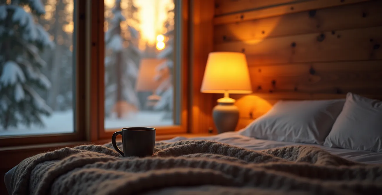 Chambre cosy canadienne en soirée hivernale avec éclairage tamisé et éléments de détente