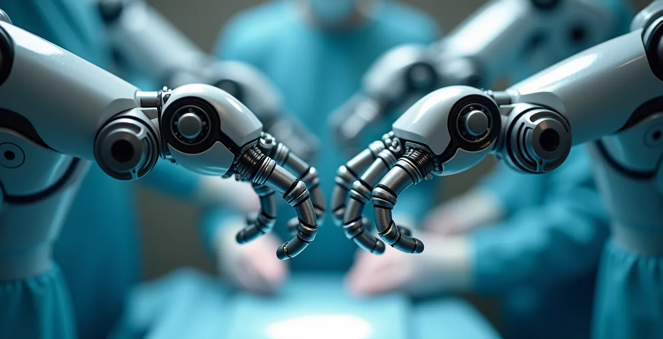 Vue rapprochée des bras robotiques précis du système Da Vinci en action dans une salle d'opération moderne